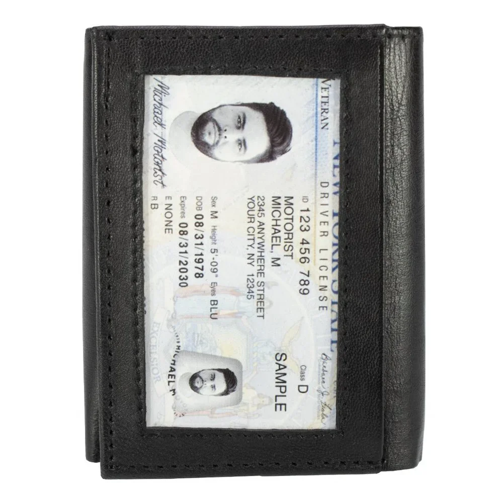 Men Wallet in Lambskin Leather Thin Trifold Black Classic Wallet